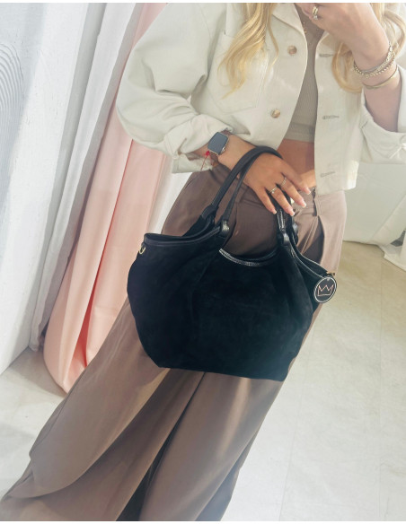 Skórzana zamszowa torebka worek - czarna