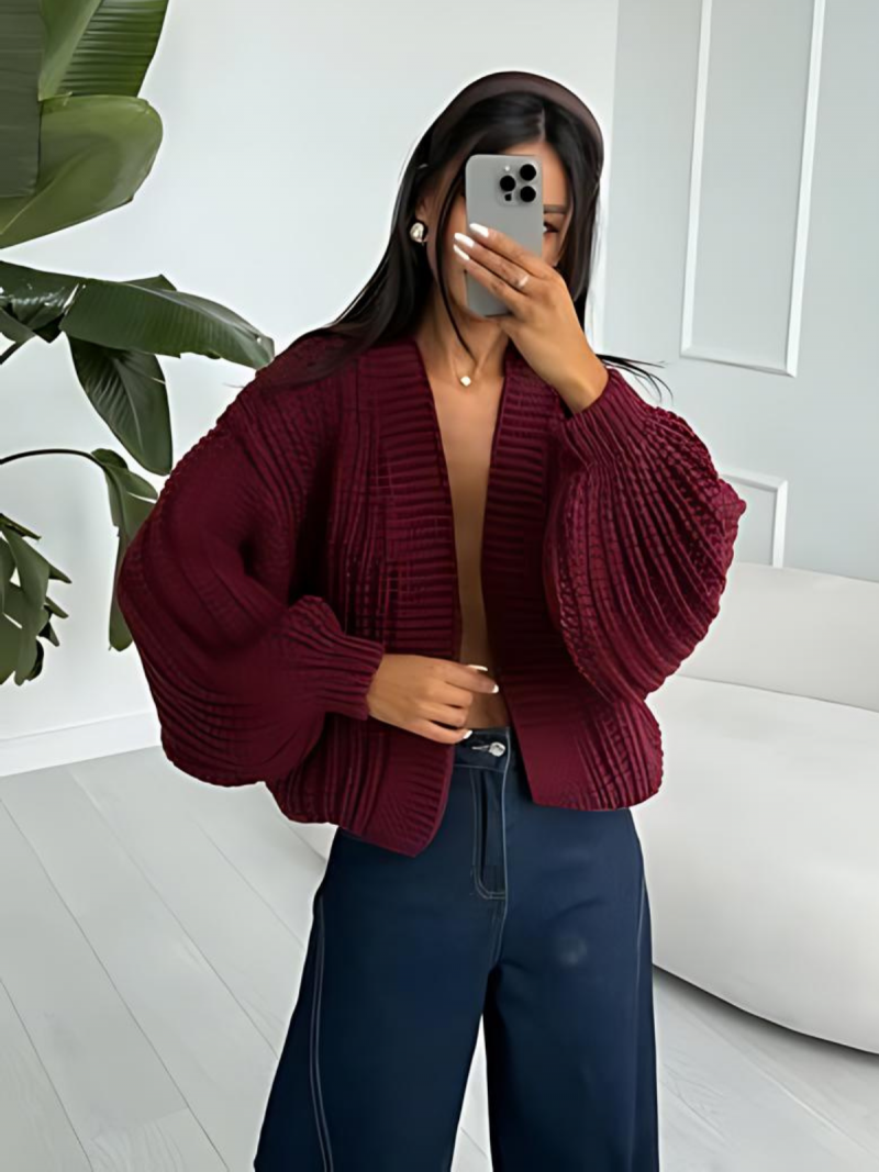 Wełniany gruby sweter kardigan MOKANO - bordowy