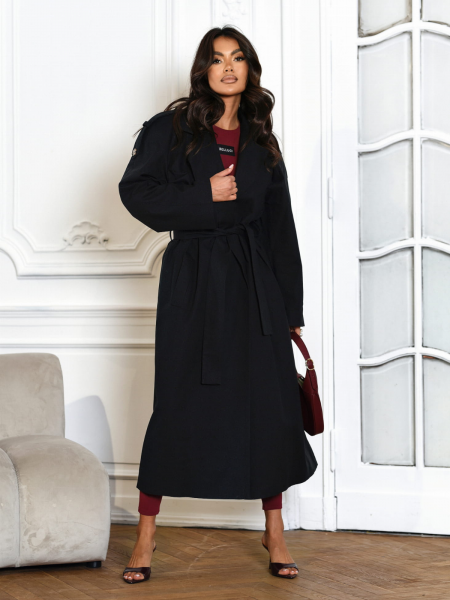 Długi płaszcz trencz z paskiem MAHRA - czarny