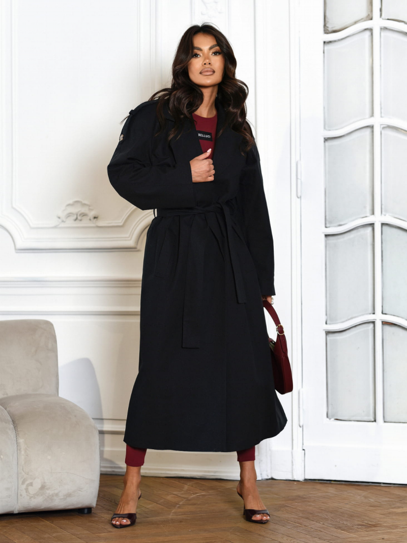 Długi płaszcz trencz z paskiem MAHRA - czarny