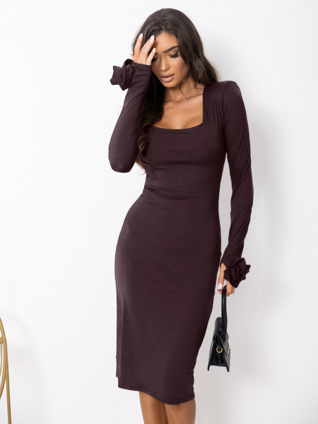 Dopasowana sukienka midi z wiskozy SELVIA - czekoladowa 2