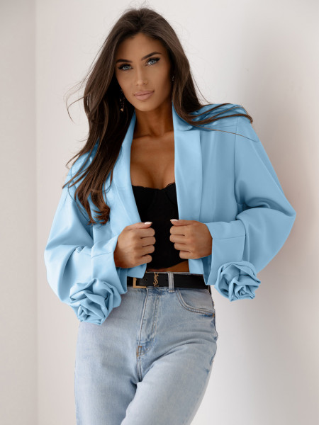 Krótka marynarka oversize z różą na rękawie MALLA - błękitna 2