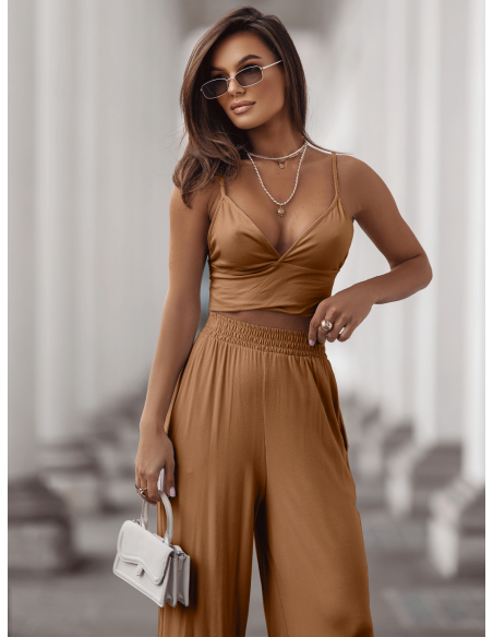 Wiskozowy komplet z szerokimi spodniami ASTORIA - karmelowy