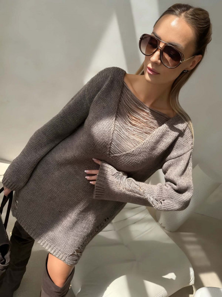 Wełniany długi sweter z rozcięciami DIEDRE - cappuccino