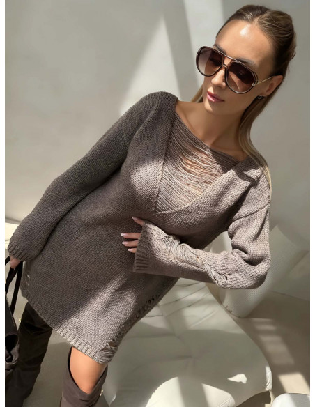 Wełniany długi sweter z rozcięciami DIEDRE - cappuccino