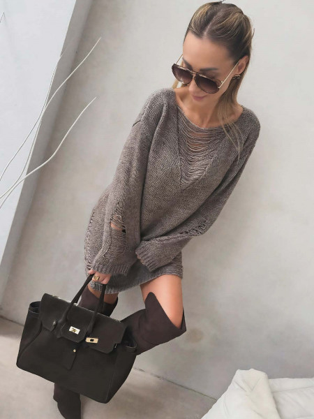 Wełniany długi sweter z rozcięciami DIEDRE - cappuccino 2