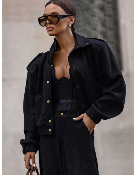 Zamszowa krótka kurtka z pagonami MILDRED - czarna