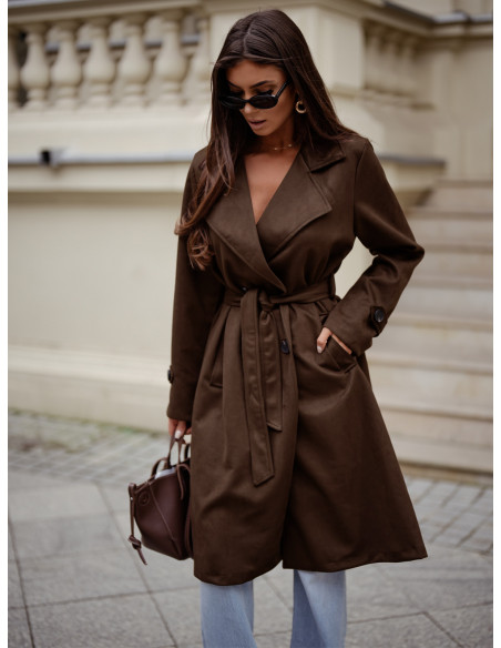 Stylowy zamszowy płaszcz z  paskiem CYNDI - czekolada