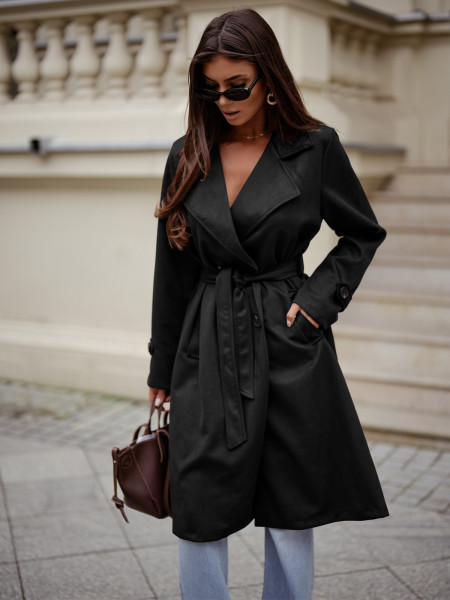 Stylowy zamszowy płaszcz z  paskiem CYNDI - czarny 2