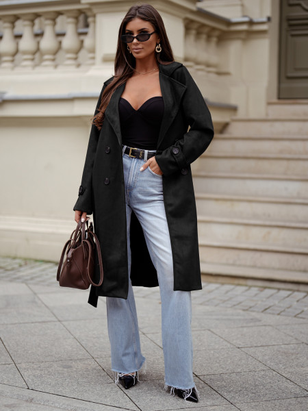 Stylowy zamszowy płaszcz z  paskiem CYNDI - czarny