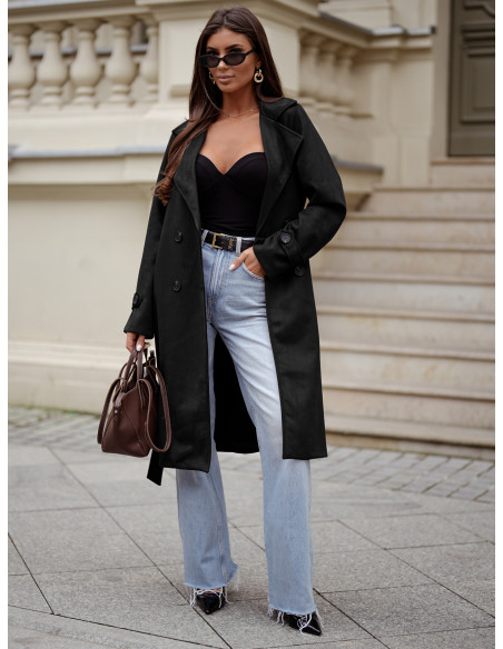 Stylowy zamszowy płaszcz z  paskiem CYNDI - czarny