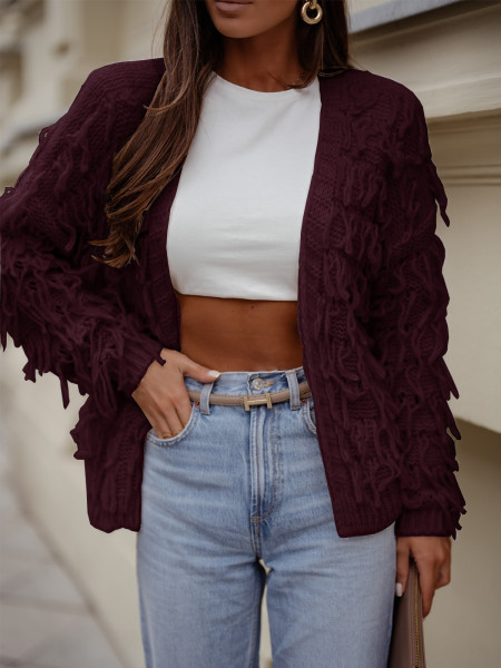 Sweter kardigan z frędzlami DOANIE - bordowy 2