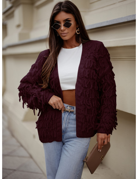 Sweter kardigan z frędzlami DOANIE - bordowy