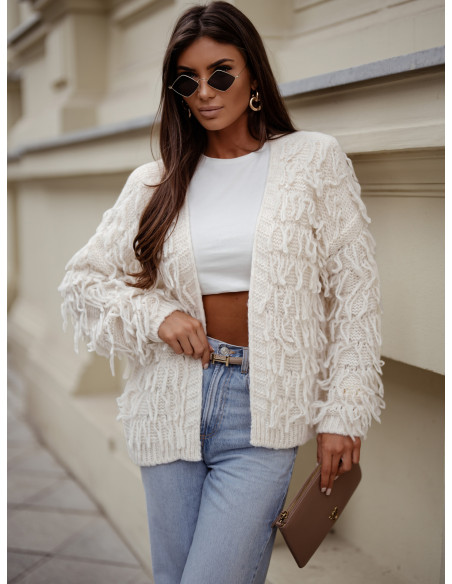Sweter kardigan z frędzlami DOANIE - biały