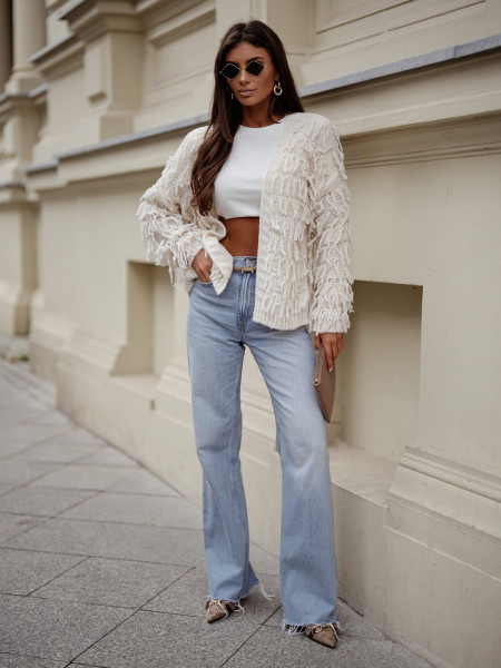 Sweter kardigan z frędzlami DOANIE - biały