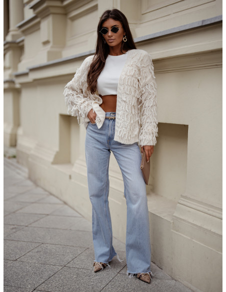 Sweter kardigan z frędzlami DOANIE - biały