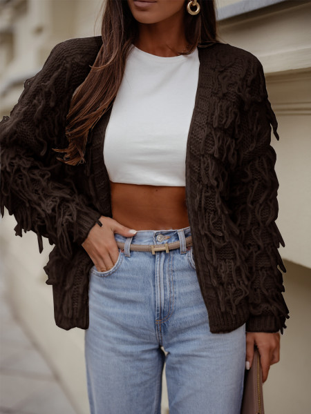 Sweter kardigan z frędzlami DOANIE - czekoladowy