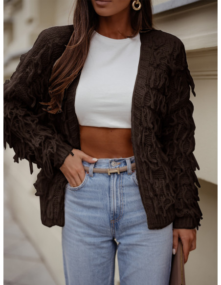 Sweter kardigan z frędzlami DOANIE - czekoladowy