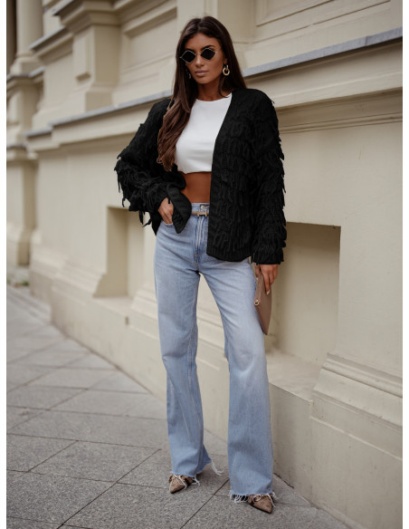 Sweter kardigan z frędzlami DOANIE - czarny