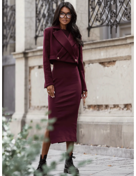 Stylowy komplet marynarka i sukienka REBEL - bordowy