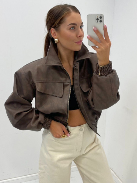 Krótka kurtka bomberka z ekoskóry EIRLLYS - cappuccino