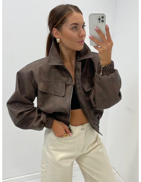 Krótka kurtka bomberka z ekoskóry EIRLLYS - cappuccino