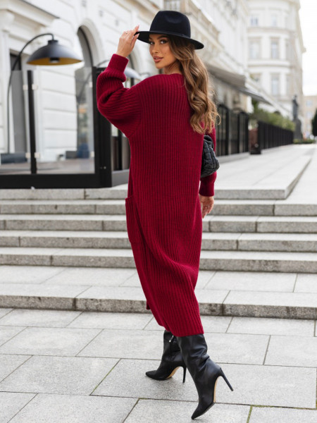 Długi sweter kardigan z kieszeniami HALLI - bordowy 2