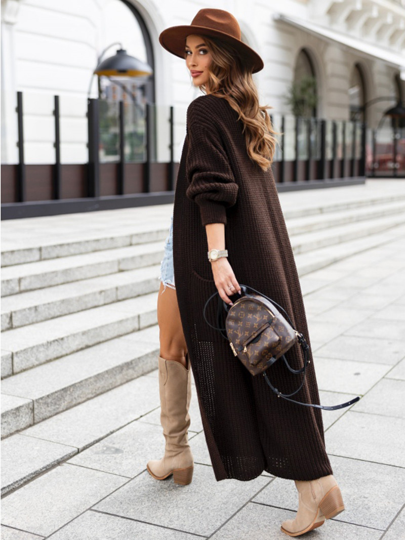 Długi sweter kardigan z kieszeniami HALLI - czekoladowy