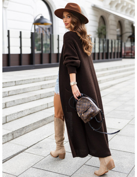 Długi sweter kardigan z kieszeniami HALLI - czekoladowy