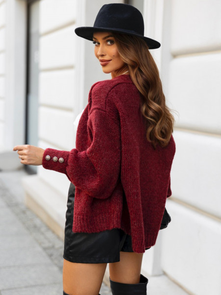 Wełniany krótki sweter kardigan MIREO - bordowy 2