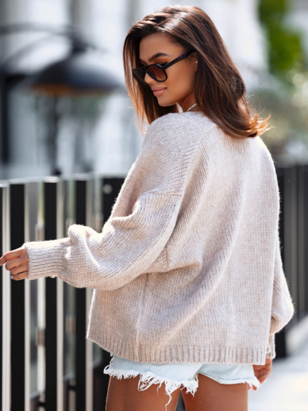 Wełniany krótki sweter kardigan MIREO - beżowy