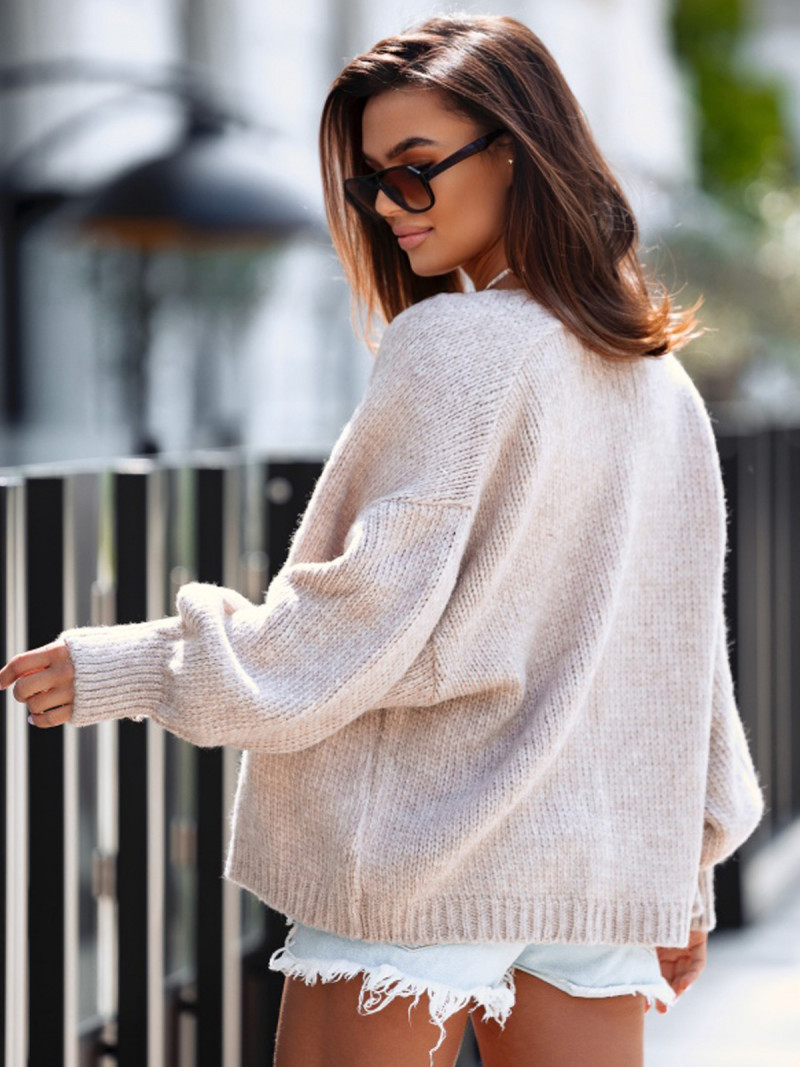 Wełniany krótki sweter kardigan MIREO - beżowy