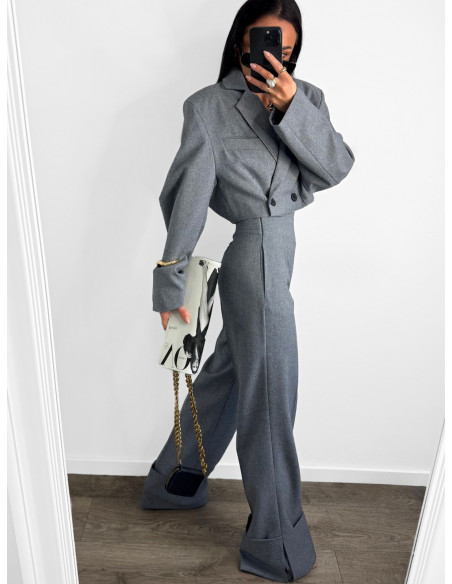 Eleganckie spodnie z zakładką na dole TALLY -szary melange