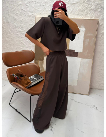 Modne spodnie z tiulową wstawką SAVITA - czekoladowe