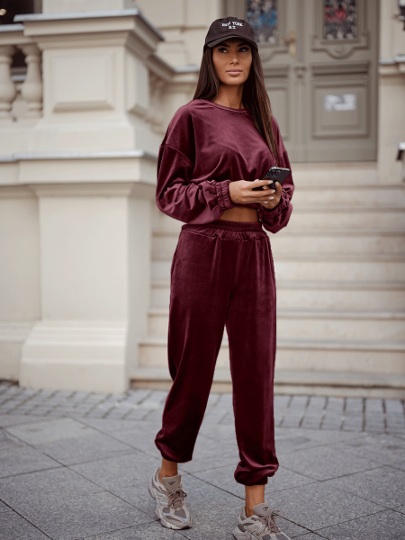 Welurowy dres krótka bluza i spodnie RODDY - bordowy