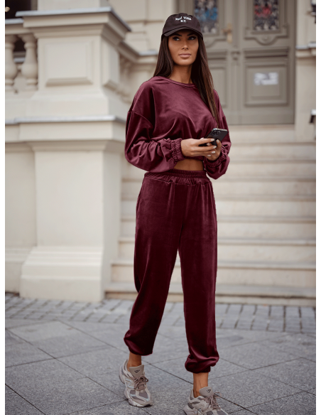 Welurowy dres krótka bluza i spodnie RODDY - bordowy