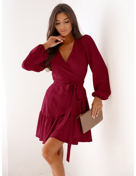 Przekładana sukienka z falbaną LURETTE - bordowa