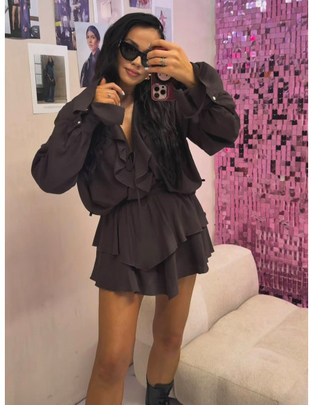 Wiskozowe spódnico spodenki z falbanami RAYNA - czekoladowe