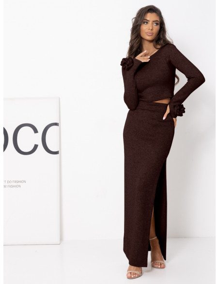 Stylowy komplet dzianinowy ze spódnicą ZAFIRE - czekoladowy