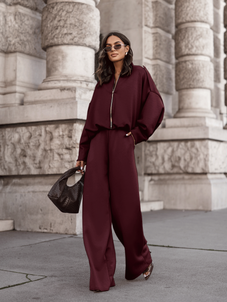 Masełkowy dres z szerokimi spodniami SORGO - bordowy