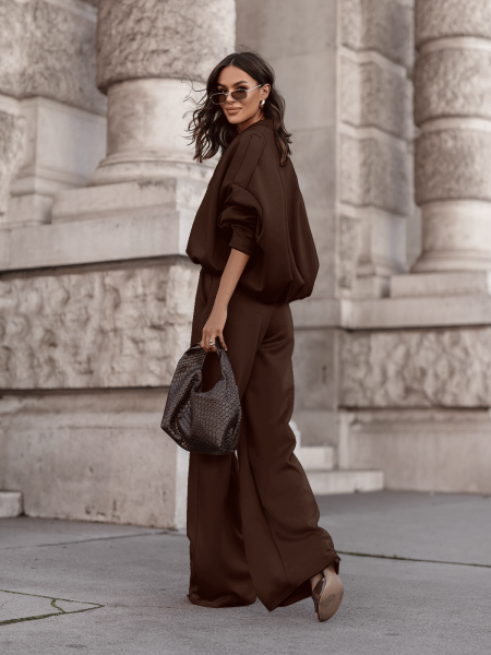 Masełkowy dres z szerokimi spodniami SORGO - czekoladowy