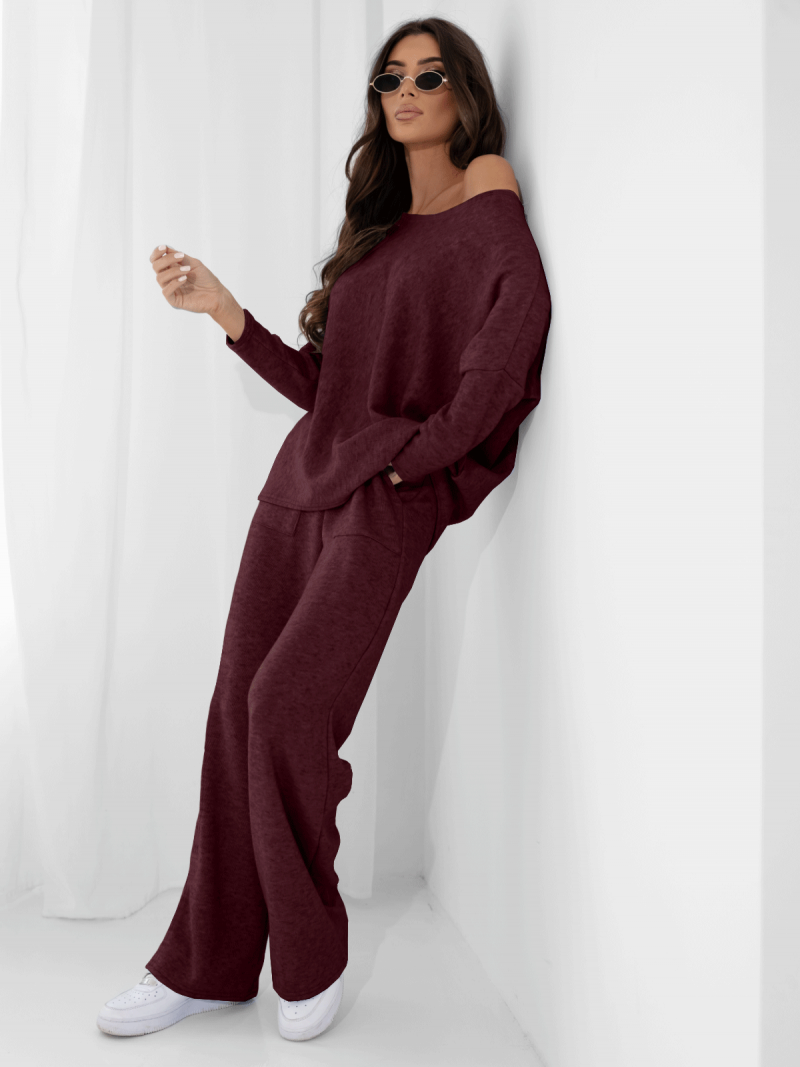 Komplet dzianinowy z szerokimi spodniami ELSINORE- bordowy