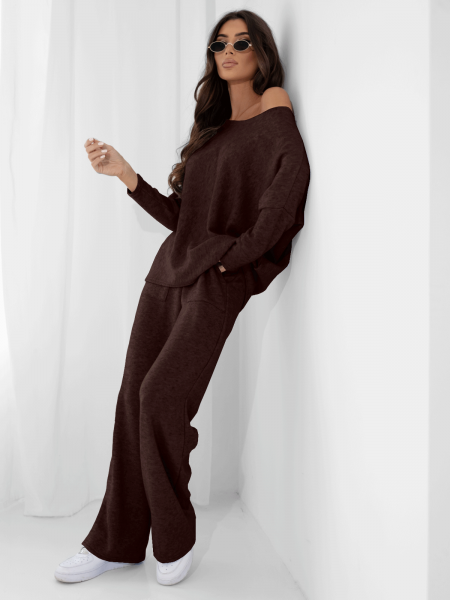 Komplet dzianinowy z szerokimi spodniami ELSINORE- czekoladowy 2