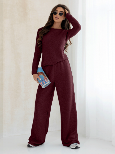 Komplet dzianinowy z szerokimi spodniami CELESTE - bordowy 2