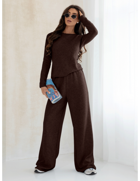 Komplet dzianinowy z szerokimi spodniami CELESTE - czekoladowy