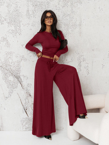 Komplet z wiskozy bluzka i szerokie spodnie RASTY - bordowy