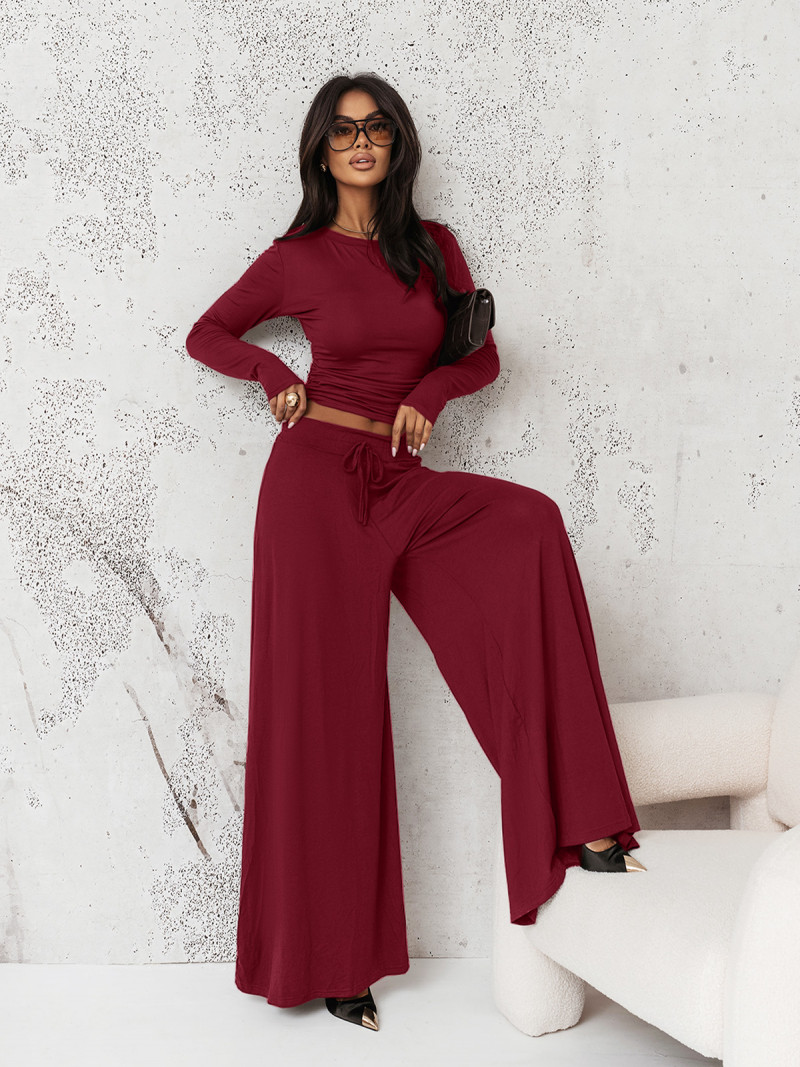 Komplet z wiskozy bluzka i szerokie spodnie RASTY - bordowy