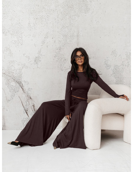 Komplet z wiskozy bluzka i szerokie spodnie RASTY - czekoladowy