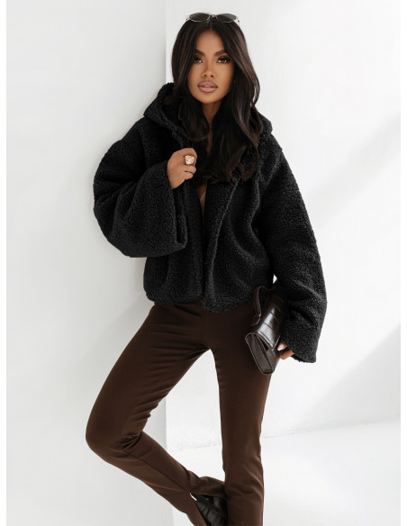 Krótka pluszowa kurtka z kapturem EKALA - czarna