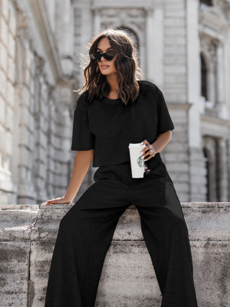 Masełkowy komplet bluzka i szerokie spodnie ATRIA - czarny 2